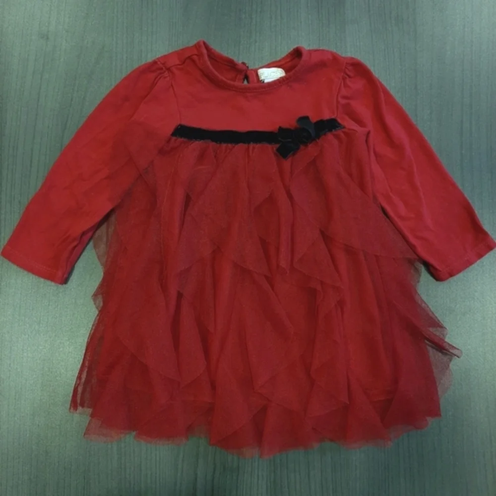 Childrens Place Ruffled Tulle Dress Velvet Ribbon Bow Christmas Party 12-18 M